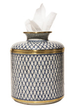 Brand new porcelain tissue holder.  Hand painted with a blue & white net design with a sophisticated crackle finish; accented with brass trim.