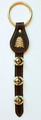 BROWN LEATHER BELL STRAP WITH DOUBLE PINE TREE CHARM & BRASS PLATED BELLS
