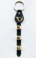 BLACK LEATHER BELL STRAP WITH FRENCH HORN CHARM & BRASS PLATED BELLS - JINGLE BELLS - SLEIGH BELLS