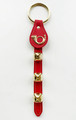 RED LEATHER BELL STRAP WITH FRENCH HORN CHARM & BRASS PLATED BELLS - JINGLE BELLS - SLEIGH BELLS