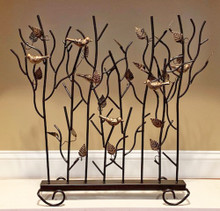 fire screen showcasing a small flock of birds perched on leafy branches.  artfully designed, this fire screen is crafted of iron with a rich bronze finish highlighted with antique gold patina birds and leaves.