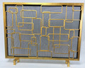 Brand new single panel fireplace screen showcasing a sophisticated geometric design of interlocking rectangles. Crafted of iron with a rich antique gold patina and a protective wire mesh.