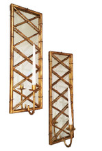 Brand new rectangular shape mirrored bamboo style wall candle sconces.  Forged of iron and finished with a rich antique gold patina.