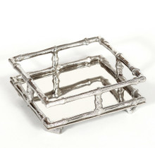 Cocktail napkin holder with an elegant bamboo style gallery trim. Crafted of stainless steel and finished in a lustrous nickel patina.