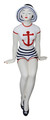 Nostalgic bathing beauty figurine clad in a white swimsuit with navy stripes and red anchor and wearing a stylish sun hat.  This beauty is designed specifically to sit on a shelf with her hands outstretched for balance.  Molded of resin and beautifully hand painted.