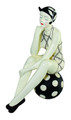 Nostalgic bathing beauty figurine clad in a black & white check swimsuit and coordinating bathing cap, sitting atop a polka dot beach ball. Molded of resin and beautifully hand painted.