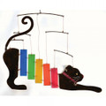 Stretching cat wind chime.  The head and tail are constructed of powder coated metal.  The cat's body is crafted of multicolor hand cut, sandblasted glass chimes.