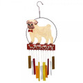 Pug wind chime crafted of metal with colorful hand cut, sandblasted, elongated glass chimes.
