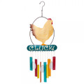 Clucking chicken wind chime crafted of metal and accented with colorful hand cut, sandblasted elongated bar and egg shape glass chimes.
