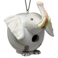 Trumpeting elephant bird house crafted of unendangered Albesia wood and intricately hand painted.