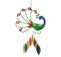 Peacock wind chime crafted of powder coated metal and accented with colorful, hand cut, sandblasted glass chimes.