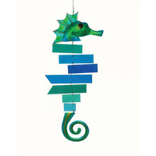 Seahorse wind chime crafted of powder coated metal and accented with colorful hand cut, sandblasted glass chimes.