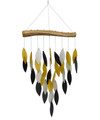 Waterfall wind chime presenting a cascade of gold, black and grey hand cut, sandblasted glass chimes suspended from a driftwood canopy.