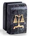 brand new black zebra striated marble bookends emblazoned with gold plated scales of justice medallions.   These bookends feature curved tops and a richly polished finish.