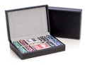 POKER SET IN BLACK LEATHER CASE - 200 CHIPS, TWO CARD DECKS AND 5 POKER DICE
