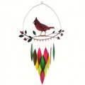 Cardinal wind chime constructed of powder coated metal and accented with colorful hand cut, sandblasted glass leaf shaped chimes.