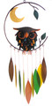 Wise old owl wind chime crafted of powder coated metal and accented with colorful hand cut, sandblasted glass leaf shaped chimes.  