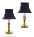 PAIR OF "WARWICKSHIRE" POLISHED BRASS MINI LAMPS WITH BLACK SHADES - 10.5"H