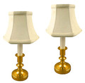 PAIR OF "WARWICKSHIRE" ANTIQUE BRASS MINI LAMPS - OFF WHITE SHADES - 10.5"H