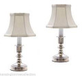 PAIR OF "WARWICKSHIRE" PEWTER FINISH MINI LAMPS WITH OFF WHITE SHADES - 10.5"H