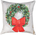 This throw pillow presents a decorative Christmas wreath accented with red bow.  Perfect for indoors outdoors.  Measures approximately 18" square.