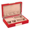 "MAYFAIR" RED LACQUERED WOOD JEWELRY BOX WITH STAINLESS STEEL ACCENTS & MULTI COMPARTMENT STORAGE