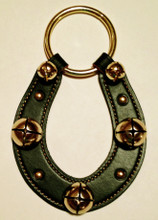 Brand new green leather horseshoe shaped bell strap accented with five functioning brass plated bells and a brass plated ring that slips over the doorknob.