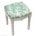 CORAL SEA UPHOLSTERED STOOL - VANITY SEAT - AQUA BLUE LINEN SEAT CUSHION - ANTIQUE WHITE FRAME