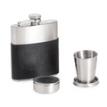 "MOORGATE" BLACK LEATHER WRAPPED STAINLESS STEEL FLASK WITH TWO COLLAPSIBLE CUPS