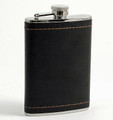 "SAVILLE ROW" BLACK LEATHER WRAPPED STAINLESS STEEL FLASK - 8 OZ 