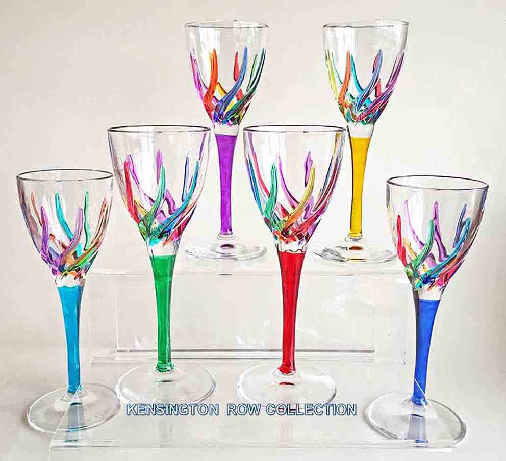 VENETIAN CARNEVALE WINE GLASSES GLASSWARE SET OF TWO HAND PAINTED CRYSTAL 
