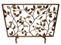 Brand new fire screen showcasing birds perched on leafy branches.  This artfully designed fire screen is crafted of iron with a rich antique gold patina.