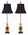 PAIR OF PINEAPPLE BUFFET LAMPS - POLISHED BRASS BASES WITH BLACK OBLONG SHADES - 33"H