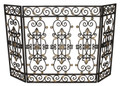 Brand new fire screen showcasing an elaborate iron gate design with regal French fleur de lis accents.  Crafted of iron with a burnished gold patina. 