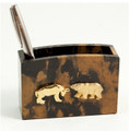 Wall Street tiger eye marble pen and pencil holder accented with gold-plated bull and bear emblems.