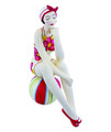 BATHING BEAUTY FIGURINE IN PINK FLORAL BATHING SUIT ON STRIPED BEACH BALL 