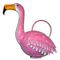 Pink flamingo watering can crafted of powder coated metal and beautifully hand painted.