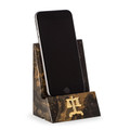 Tiger eye marble desktop holder supports your cell phone or computer tablet in style. Accented with a gold-plated scales of justice medallion.