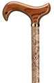This distinctive walking stick presents a maple wood shaft covered with a snakeskin print accented by a scorched wood, derby style handle and brass plated band