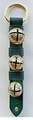 brand new deluxe 2-layer green leather bell strap featuring three functioning solid brass decorative bells in graduated sizes and a brass plated ring that slips over the doorknob.