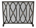 Brand new single panel fireplace screen showcasing a bold geometric design of interlocking ovals and diamonds. Hand crafted of iron and tole with a burnished gold patina and a protective wire mesh.