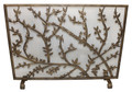 Brand new single panel fireplace screen showcasing an elaborate flowering tree motif.  Crafted of iron & tole with a multi-step finishing process.  Features a rich antique gold finish and a protective wire mesh.