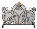 Brand new single panel fireplace screen showcases a scroll design accented with antique gold acanthus leaves. Hand crafted of iron and tole.  hand finished with a multi-step process featuring a dark brown patina and protective wire mesh.