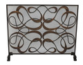 Brand new single panel fire screen showcasing a swirling ribbon design. Hand crafted of iron and tole.  Hand finished with a multi-step process featuring a dark gold patina and protective wire mesh.