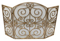 Brand new fireplace screen showcasing an elaborate scroll work design.  Crafted of iron & tole.  hand finished in a multi-step process that features a beautiful antique gold patina and protective wire mesh backing.