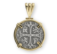 SS ATOCHA REPLICA COIN PENDANT W/14KY FRAME, PRONGS AND BAIL (3/4 inch dia.) (TC2CPSPA2A)