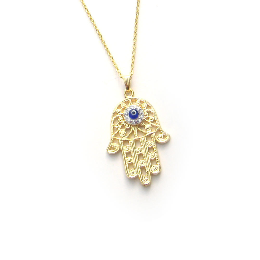 evil eye gold plated necklace ornate crystal hamsa hand by paykoc