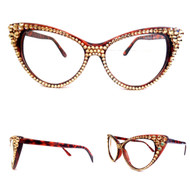 Optical CRYSTAL Cat Eye Glasses - Gold on Brown Frame