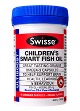 Swisse Ultiboost Children’s Smart Fish Oil contains a premium source of omega-3 to help support a child’s brain and eye development and help with learning and behaviour.
Swisse Ultiboost Children’s Smart Fish Oil is sourced from wild fish that swim freely in the Pacific Ocean – ‘sustainable free range fish’.
Omega-3 plays a role in brain and eye development during the early stages of life and is particularly important for learning. Studies suggest that omega-3 may also play a role in supporting normal behaviour in children.
Swisse Ultiboost Children’s Smart Fish Oil is naturally flavoured with orange oil and does not contain aspartame or saccharin.
The Swisse Ultiboost range is based on over 25 years of research.