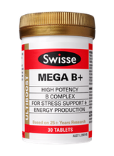 Swisse Ultiboost Mega B+ contains premium quality ingredients to help support the body during times of stress, assist energy release from food and help maintain general wellbeing.
Swisse Ultiboost Mega B+ is a comprehensive formula containing high potency B vitamins, minerals, lemon balm, vitamin E and C.
B vitamins help the body metabolise food into energy and provide increased nutritional support during periods of nervous tension and stress. When lifestyles include processed foods, alcohol, sugar, caffeine and stress, B vitamin levels in the body may be depleted.
Swisse Ultiboost Mega B+ may help supplement levels of B vitamins in the body.
The Swisse Ultiboost range is based on over 25 years of research.